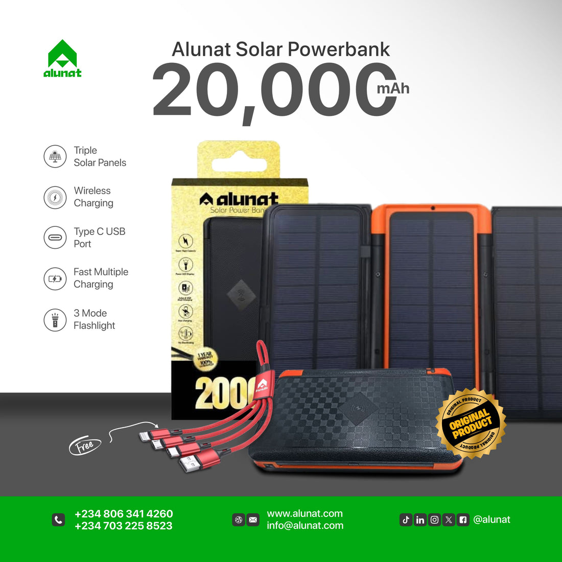 Eco-Friendly Alunat Solar Powerbank - 20,000mAh